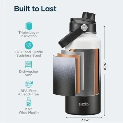 Buzio Duet Series Water Bottle with 2 Lids and Sleeve 1L - Black White